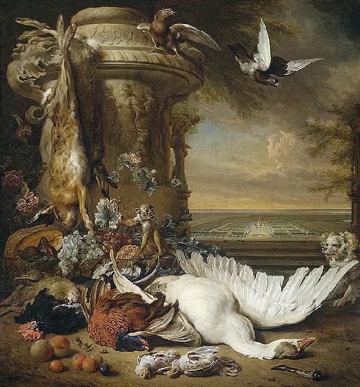 Jan Weenix A monkey and a dog beside dead game and fruit, with the estate of Rijxdorp near Wassenaar in the background